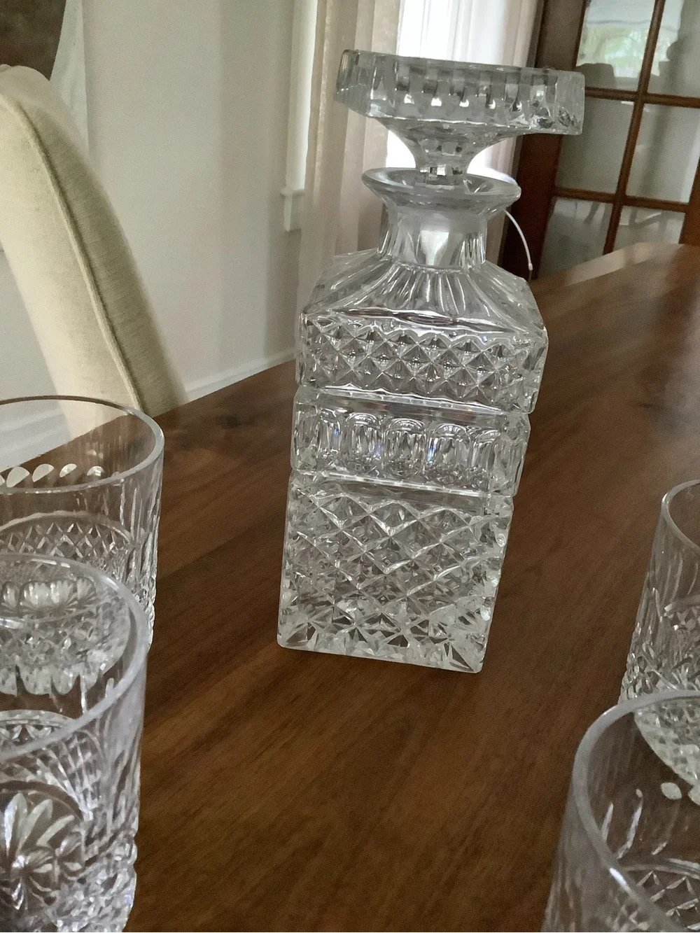 Vintage Clear Cut-Glass Decanter Set with Four old-fashioned glasses